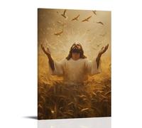 WJHJZQYY In A Golden Wheat Field, Jesus Stands With Open Arms, Light Vering from His Palms As Birds Rise Into The Sky Poster mural décoratif moderne à suspendre 20 x 30 cm