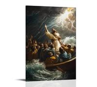 WJHJZQYY Jesus Rebuking The Storm with A Hand Leved, Thunder Halting Mid-Sky As Waves Fall still Around The Awestruck Disciples. Décoration murale moderne à suspendre 40 x 60 cm