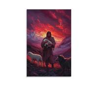 WJHJZQYY Jesus Stands Beneath A Red-streaked Sky, Holding A Lamb As Wolves Gather Across The Valley But Remain Frozen in Awe. Décoration murale moderne à suspendre 40 x 60 cm