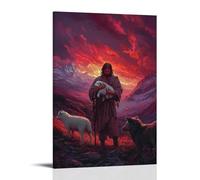 WJHJZQYY Jesus Stands Beneath A Red-streaked Sky, Holding A Lamb As Wolves Gather Across The Valley But Remain Frozen in Awe. Décoration murale moderne à suspendre 60 x 90 cm