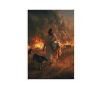 WJHJZQYY Jésus Walks through Fields of Ash, Carrying The Lamb While Wolves Retreat Before His Burning Gaze. Poster mural décoratif moderne à suspendre 40 x 60 cm