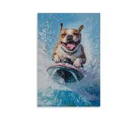WJHJZQYY Peinture à l'huile animale d'un chien chevauchant un jetski, langue sortie, laissant un spray sur un fond plat cyan. Décoration murale moderne à suspendre 50 x 75 cm