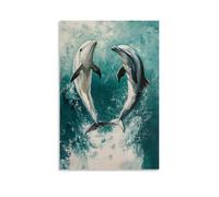 WJHJZQYY Peinture à l'huile animale d'un dauphin sautant synchronisé avec un autre sur fond vert d'eau mat, décoration murale moderne à suspendre, 20 x 30 cm