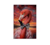 WJHJZQYY Peinture à l'huile animale d'un flamant rose attachant un nœud papillon à carreaux avec élégance gracieuse sous une aube ciel de corail Décoration murale moderne à suspendre 30 x 45 cm