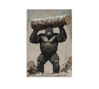WJHJZQYY Peinture à l'huile animale d'un gorille levant des bûches dans la pose de Strongman avec ciel taupe désaturé Décoration murale moderne à suspendre 30 x 45 cm