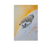 WJHJZQYY Peinture à l'huile animale d'un hérisson enroulé dans un tube de neige glissant d'une montagne sur jaune pastel - Décoration murale moderne à suspendre - 60 x 90 cm