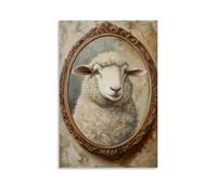 WJHJZQYY Peinture à l'huile animale d'un mouton inspectant des boucles moelleuses avec un foyer sérieux dans un miroir de courtoisie rond. Décoration murale moderne à suspendre, 60 x 90 cm