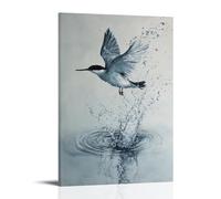 WJHJZQYY Peinture à l'huile animale d'un oiseau au milieu des éclaboussures, plongée de l'air dans un anneau d'eau sur gris ciel pâle. Décoration murale moderne à suspendre 30 x 45 cm