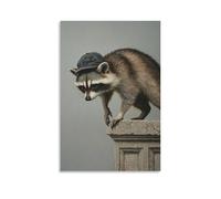 WJHJZQYY Peinture à l'huile animale d'un raton laveur dans une casquette faisant un manuel à travers une corniche sur un fond gris uni. Affiche murale décorative moderne à suspendre 40 x 60 cm