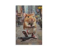 WJHJZQYY Peinture à l'huile animalière d'un hamster dans des baskets effectuant un pop shove-it sur un trottoir dans une ville animée - Décoration murale moderne à suspendre - 50 x 75 cm