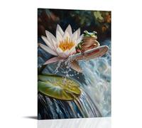WJHJZQYY Peinture à l'huile animalière d'une grenouille sautant d'un lys dans des rapides avec une mini planche de surf - Décoration murale moderne à suspendre - 40 x 60 cm
