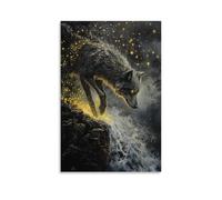 WJHJZQYY Peinture à l'huile de créature légendaire - Un loup spectral qui se dissout en lucioles sur une falaise balayée par le vent - Décoration murale moderne à suspendre - 20 x 30 cm