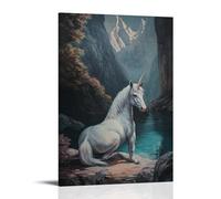 WJHJZQYY Peinture à l'huile de créature légendaire - Une licorne agenouillée à côté d'une piscine sacrée cachée dans l'ombre de la montagne - Décoration murale moderne à suspendre - 60 x 90 cm