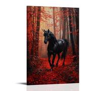 WJHJZQYY Peinture à l'huile de créature légendaire - Une licorne noire marchant à travers une forêt de feuilles rouges lumineuses - Décoration murale moderne à suspendre - 20 x 30 cm