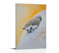 WJHJZQYY Peinture à l'huile d'un hérisson enroulé dans un tube de neige glissant d'une montagne sur jaune pastel - Décoration murale moderne à suspendre - 40 x 60 cm
