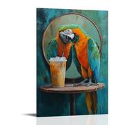 WJHJZQYY Peinture à l'huile d'un perroquet sirotant un café glacé tout en commérant avec son reflet dans un miroir rond. Décoration murale moderne à suspendre 20 x 30 cm