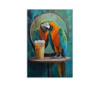WJHJZQYY Peinture à l'huile d'un perroquet sirotant un café glacé tout en commérant avec son reflet dans un miroir rond. Décoration murale moderne à suspendre 40 x 60 cm