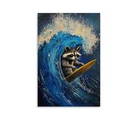 WJHJZQYY Peinture à l'huile d'un raton laveur surfant la nuit avec des sentiers de vagues lumineuses sur toile marine profonde. Décoration murale moderne à suspendre 60 x 90 cm