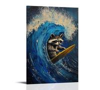 WJHJZQYY Peinture à l'huile d'un raton laveur surfant la nuit avec des sentiers de vagues lumineuses sur toile marine profonde. Décoration murale moderne à suspendre 20 x 30 cm