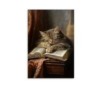 WJHJZQYY Portrait de l'âge d'or néerlandais d'un chat âgé endormi sur une Bible, ses moustaches secouant dans un rayon de soleil - Décoration murale moderne à suspendre - 60 x 90 cm