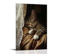 WJHJZQYY Portrait de l'âge d'or néerlandais d'un chat tigré endormi enroulé sur un coussin en velours, lumière du soleil à travers des rideaux en dentelle - Décoration murale moderne à suspendre - 20