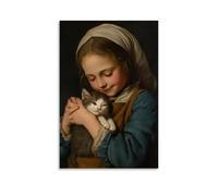 WJHJZQYY Portrait de l'âge d'or néerlandais d'une fille bercant un chaton malade, son tablier taché de lait - Décoration murale moderne à suspendre - 30 x 45 cm