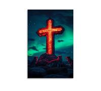 WJHJZQYY Poster mural décoratif moderne à suspendre avec inscription « A Crucifix Sculpted Into Stone Glow As Wolves Kneel before It Beneath The Aurora Sky » (40 x 60 cm)