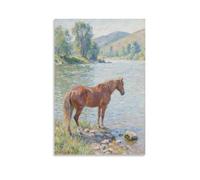WJHJZQYY Poster mural décoratif moderne à suspendre avec inscription « A Horse by The River, Lowering Its Head to Drink Clear River Water » (60 x 90 cm)