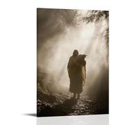 WJHJZQYY Poster mural décoratif moderne à suspendre avec inscription « As Fog Rolls In, Jesus Gentle Places The Lamb upon His Shoulders And Walks Toward The Light Breaking Through » (50 x 75 cm)