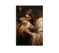 WJHJZQYY Poster mural décoratif moderne à suspendre avec inscription « Jesus Kisses The Head of A Wild Boar That Had Once Charged him » (50 x 75 cm)
