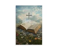 WJHJZQYY Poster mural décoratif moderne à suspendre avec pages bibliques « Lift from a Field of Wildflowers And Spiral Around A Silver Cross That Pierces The Clouds » (30 x 45 cm)