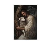 WJHJZQYY Poster mural décoratif moderne à suspendre Jesus Leans Against A Tree, Eyes Closed, Holding A Lamb Close While Wolves Prowl Just beyond The Roots. 40 x 60 cm