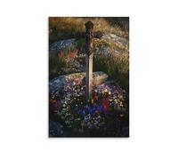 WJHJZQYY Poster mural décoratif moderne à suspendre Motif A Broken Sword Rests at The Foot of A Stone Cross While Wildflowers Reclaim The Battlefield in Gentle Waves 30 x 45 cm