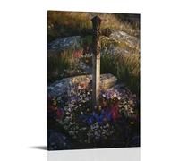 WJHJZQYY Poster mural décoratif moderne à suspendre Motif A Broken Sword Rests at The Foot of A Stone Cross While Wildflowers Reclaim The Battlefield in Gentle Waves 40 x 60 cm