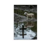 WJHJZQYY Poster mural décoratif moderne à suspendre Motif A Lamb Walks past A Cross Reflected in The River Seeing It Before The Shepherd Does 50 x 75 cm