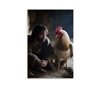 WJHJZQYY Poster mural décoratif moderne à suspendre Motif Jésus regardant dans les yeux larmoyants de Peter après le troisième déni, un coq qui couronne comme l'aube brise le silence froid 60 x 90 cm