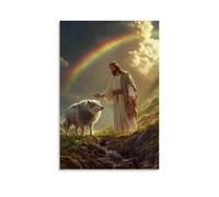 WJHJZQYY Poster mural moderne à suspendre Motif arc-en-ciel dans le ciel comme Jésus Steps between The Lamb And A Snarling Wolf, main levée dans la paix 50 x 75 cm