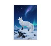 WJHJZQYY Renard arctique sous le ciel étoilé, décoration murale moderne à suspendre avec la fourrure reflétant la lumière des étoiles, 30 x 45 cm