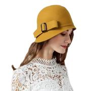 WJIAYAO Chapeau Melon pour Femme Chapeau Seau en Feutre de Laine Noir for Femmes, avec nœud Papillon, Chapeau Melon à Large Bord, Chapeaux d'hiver for Dames(Yellow)