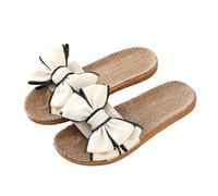 WJIAYAO Chaussons en Paille tressée pour Femmes Femmes Été Décontracté Diapositives Confortables Pantoufles en Lin Rayé Arc Lin Tongs Sandales Dames Chaussures D'intérieur(Beige,38)