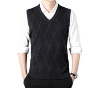 WJIAYAO Gilet tricoté pour Homme Pull décontracté for Homme, débardeur imprimé à Rayures, col en V, Patchwork, Filetage, Ample, tricoté, sans Manches, Printemps Automne(Black Grey,3XL)