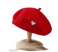 WJLYDM Béret for femme, automne-hiver, orné d'un cœur en métal, laine mélangée épaisse et chaude, style chic décontracté, idéal au quotidien(Big red- love)