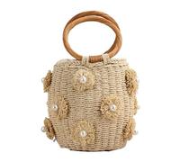 WJLYDM Sac fourre-tout en paille for femme avec perles, fait à la main, tissé, avec cordon de serrage, idéal for les vacances d'été ou la plage(Beige)
