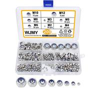 WJMY 200PCS Ecrou Nylstop Frein Inox 304 Nylon Écrou Autobloquant Ecrous Hexagonal Taille de M2 M3 M4 M5 M6 M8 M10 M12 avec Coffret de Rangement Plastique