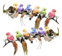 WJnflQN Lot de 12 petits oiseaux réalistes en plumes d'oiseaux artificielles à clipser pour travaux manuels, plumes artificielles colorées en mousse, décoration d'arbre de jardin