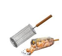 WJnflQN Panier à gril roulant | Outil de barbecue en acier inoxydable | Panier de barbecue avec poignée en bois amovible, pour crevettes, viande, fruits de mer, camping, randonnée, pique-nique, jardin