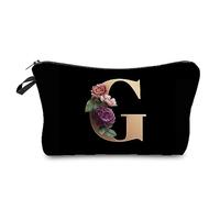 Wjsdsg Trousse à cosmétiques, lettre de A à Z imprimée pour femme, trousse à maquillage 26 impressions, portable, accessoire de toilette de voyage organisateur, Black G, 18*13.5cm