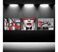 WJWGP 3 Pièces Noir Rouge sur Toile Tableau Sexy Femme Lèvres et Jambes Affiche Porno Érotique Toile Tableau Peinture Plusieurs Tailles pour HôTel Chambre Decoration Tableaux Érotique