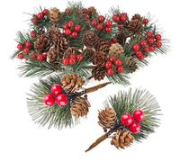 WJWINER Branches de Sapin Artificielles avec Baies et Pommes de Pin, 20 pièces Branches de Pin Artificielles de Noël, Noël Branches de Baies de Pin pour Guirlande de Noël, Fête, Cadeau, Nœuds