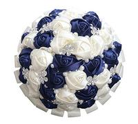 WJYIKEE Bouquet de mariée romantique fait à la main - Bouquet de mariée - Décoration de mariage - Fleurs en soie avec strass (bleu roi + beige)